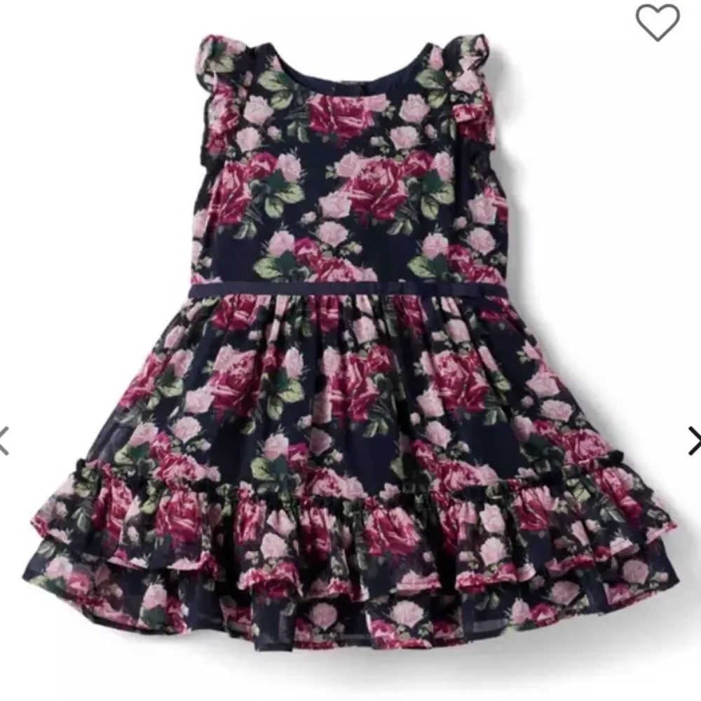 Janie And Jack Girl’s Navy Pink Floral Chiffon Ruffle Dress Size 7
